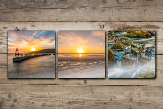 The Yorkshire Collection. A Selection of 3 Aluminium Pictures taken at Whitby Bay, Bridlington Beach and Earby Waterfall Premium Wall Art